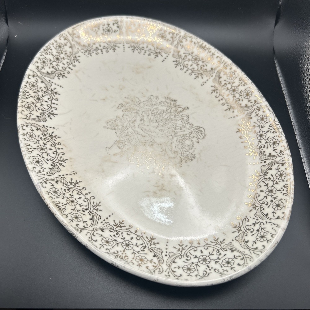 Vintage 1040s Gold Pattern Large Oval serving Platter Victorian Filigree